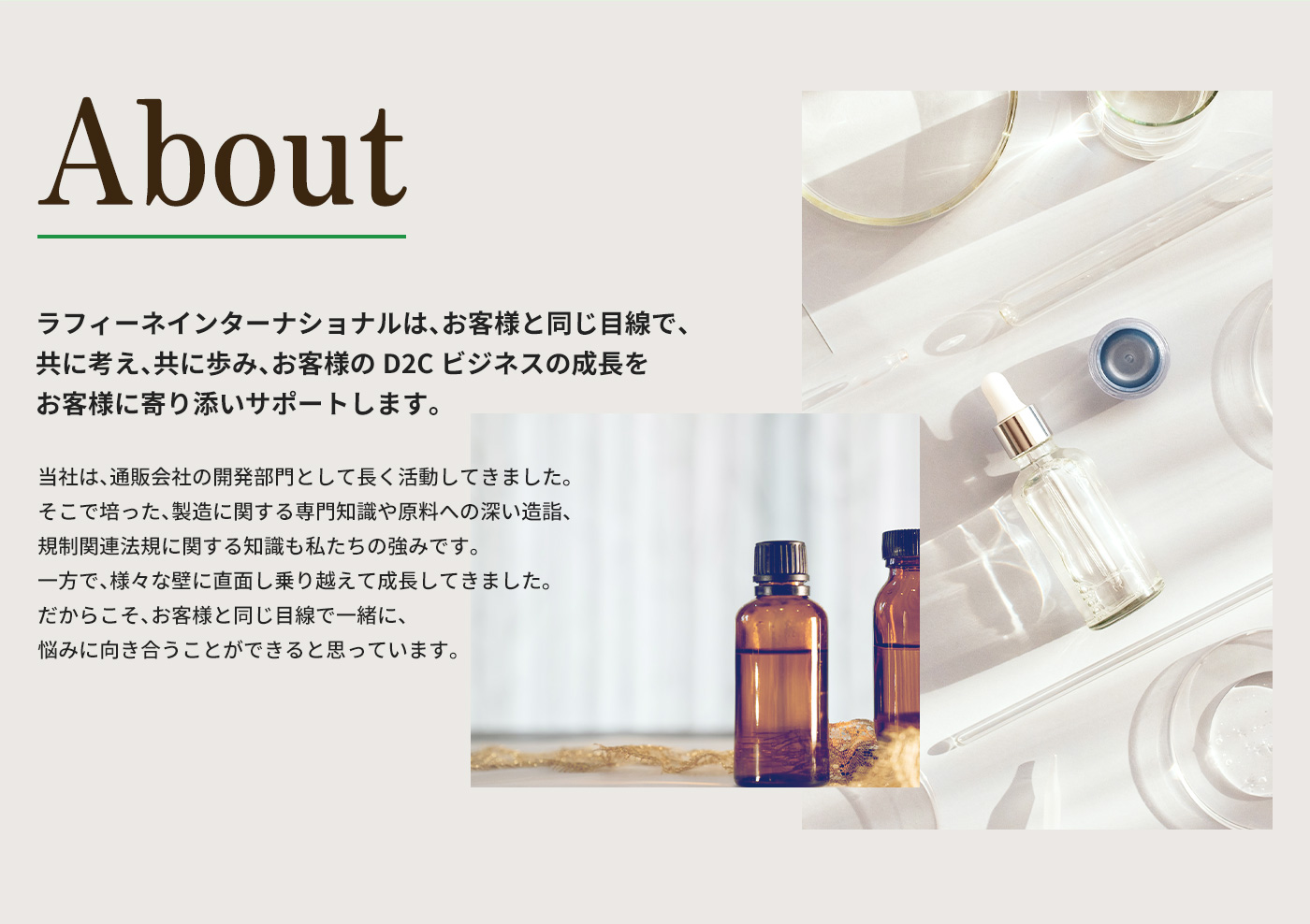 ラフィーネインターナショナルは、お客様と同じ目線で、
      共に考え、共に歩み、お客様のD2Cビジネスの成長を
      お客様に寄り添いサポートします。
      